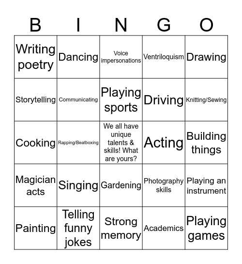 Talent & Skills Bingo Card