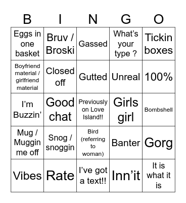 Love Island Bingo!! 2024 Bingo Card