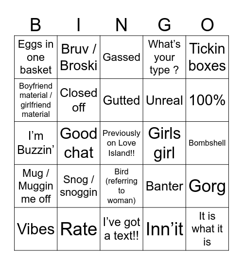 Love Island Bingo!! 2024 Bingo Card