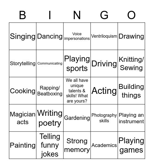 Talent & Skills Bingo Card