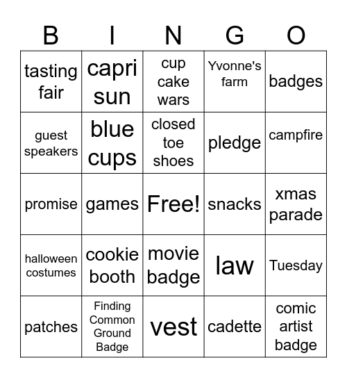 Girl Scouts Bingo Card