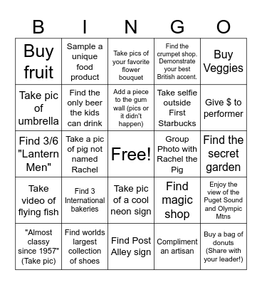 Pike Place Market Tour Bingo Card