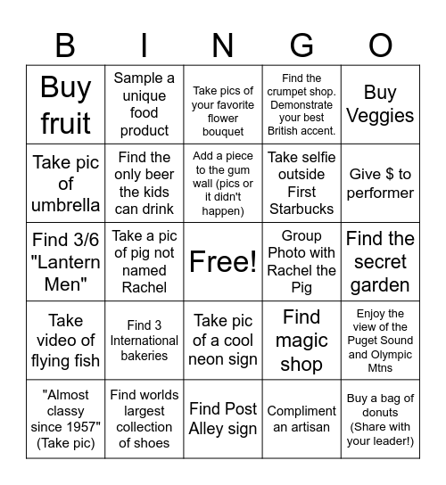 Pike Place Market Tour Bingo Card