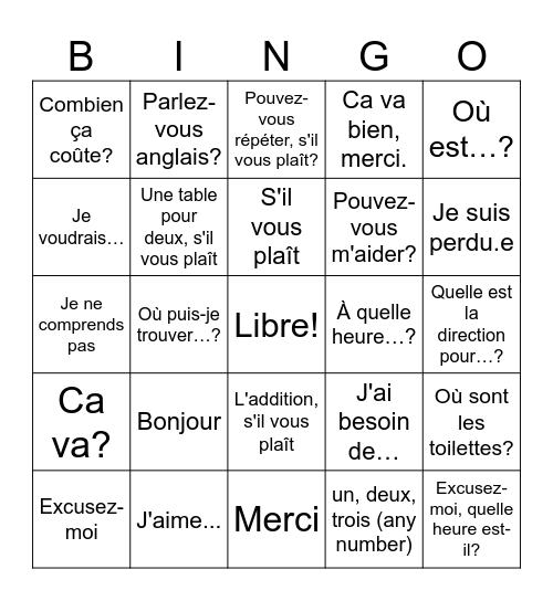 Je parle français Bingo Card