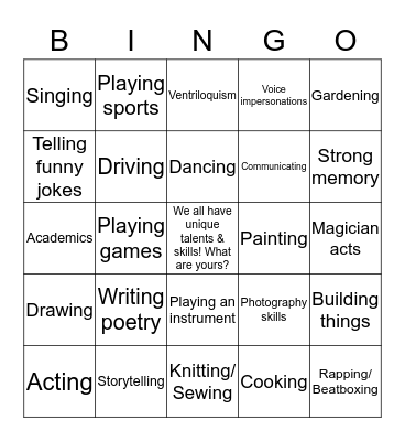 Talent & Skills Bingo Card