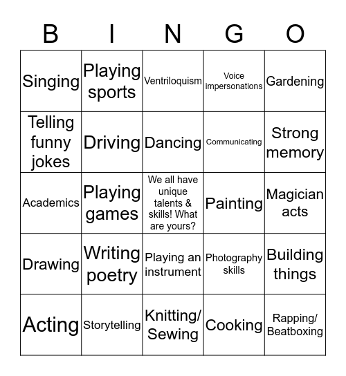 Talent & Skills Bingo Card