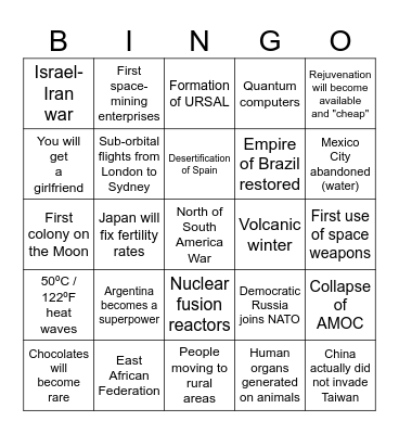 World 2050 bingo (this was made in 2024) Bingo Card