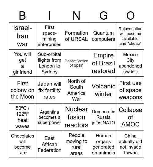 World 2050 bingo (this was made in 2024) Bingo Card