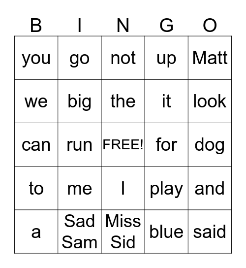 Sight Word Memory Bingo Card