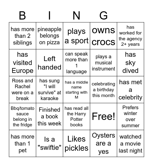Get to know your co-workers Bingo Card