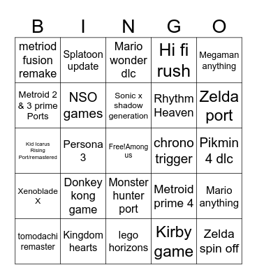 nintendo direct Summer 2024 Bingo Card