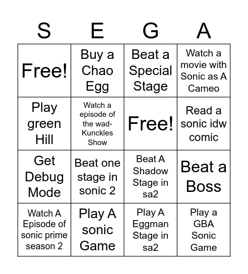 Sonic The Hedgehog June Bingo Card