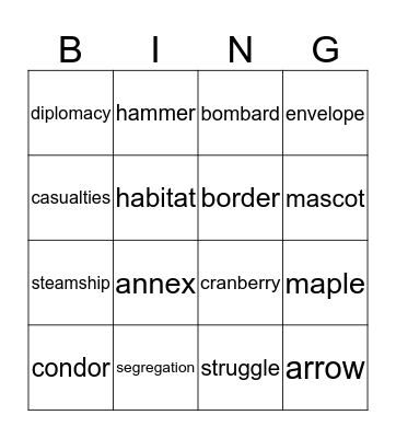 Our Active Vocabulary Bingo Card