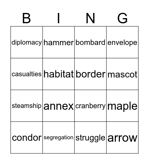 Our Active Vocabulary Bingo Card