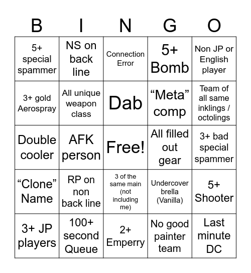 Splatoon 3 Turf War Bingo Card