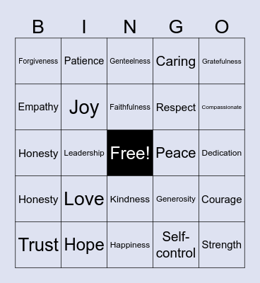 Values Of Jesus Bingo Card