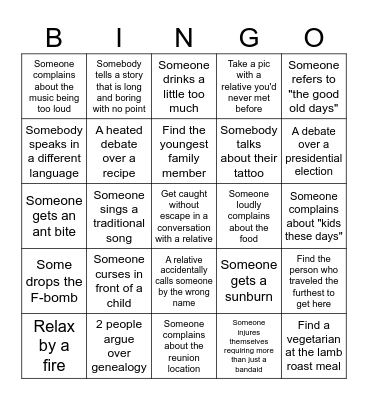 Unofficial Family Reunion Bingo Card
