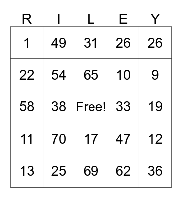 Riley Family Reunion 2016 Bingo Card