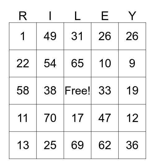 Riley Family Reunion 2016 Bingo Card
