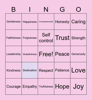 Values of Jesus Bingo Card