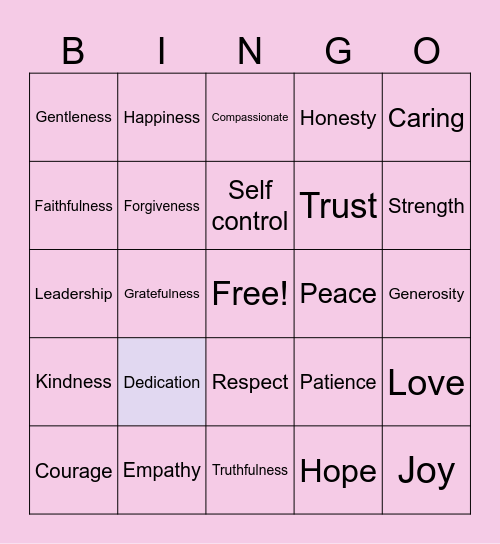 Values of Jesus Bingo Card