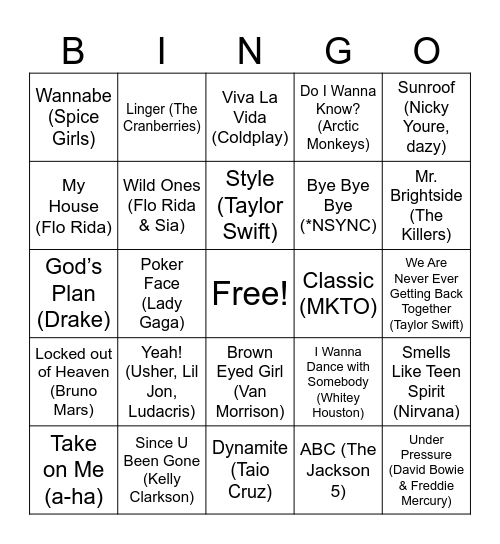 Music Bingo Card