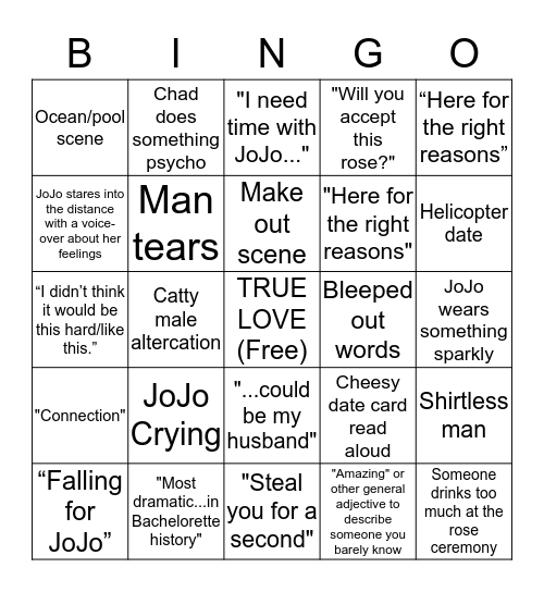 Bachelorette Bingo: JoJo edition Bingo Card