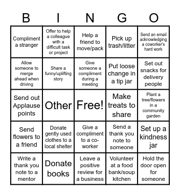 Random Acts of Kindness Bingo Card