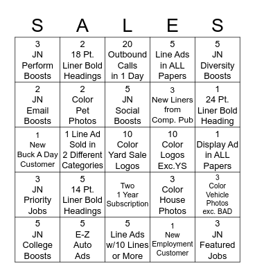 Inside Sales Contest Bingo Card