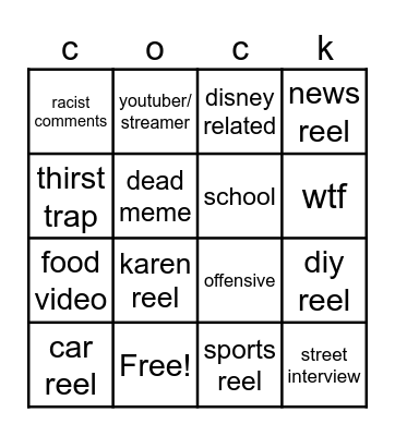 Instagram reel bingo Card