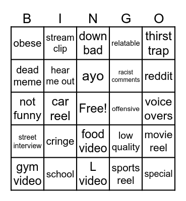 Instagram reel bingo Card