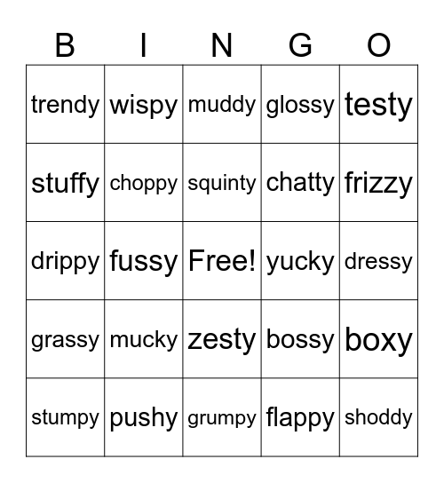 Suffix     -y Bingo Card