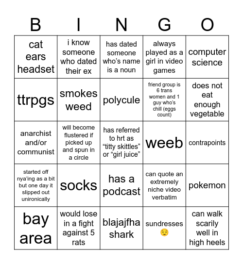 trans girl bingo Card