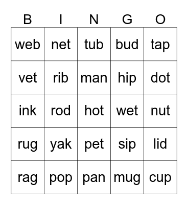 谷爸English CVCs Bingo Card