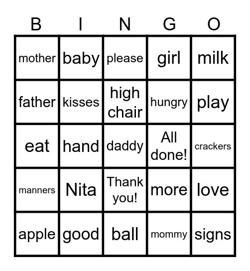 Nita's First Signs Vocabulary Bingo Card