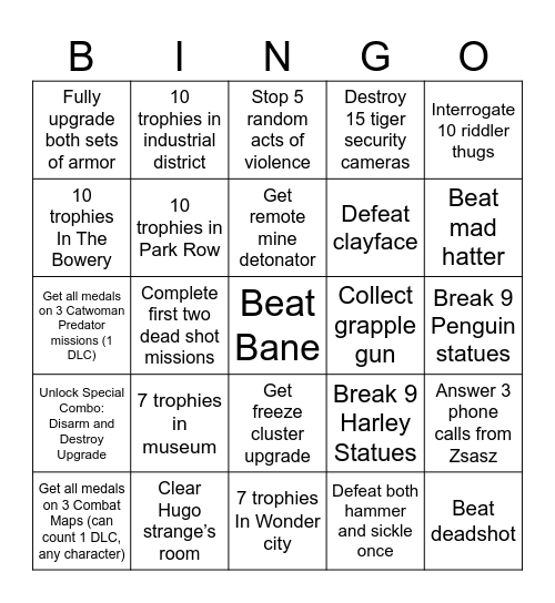 Batman: Arkham City Bingo Card