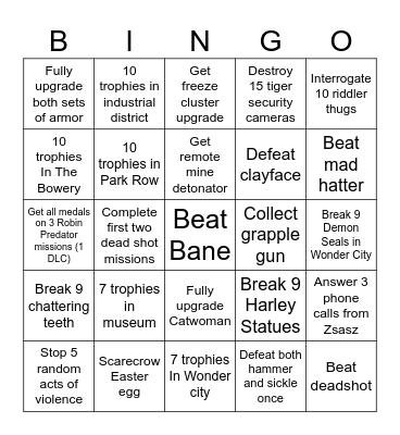 Batman: Arkham City Bingo Card