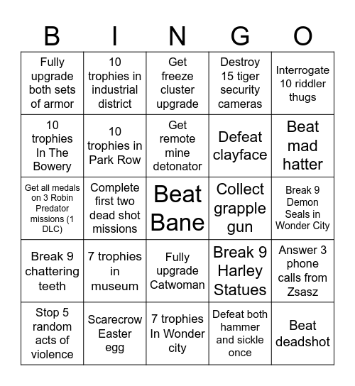 Batman: Arkham City Bingo Card