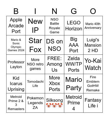 Nintendo Direct Summer 2024 Bingo Card