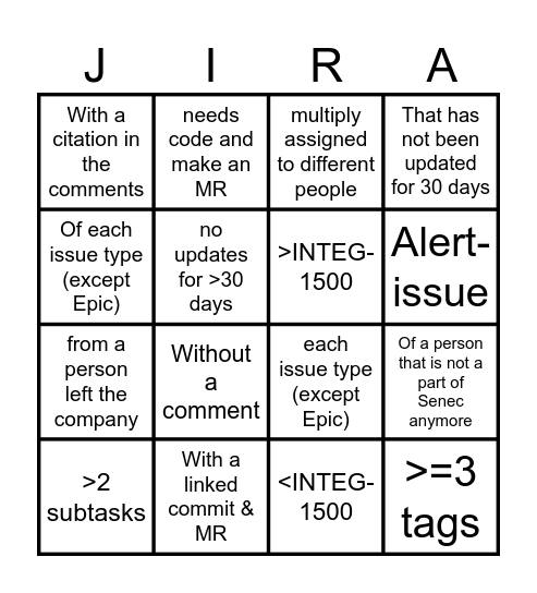 Jira Clean Up Bingo Card