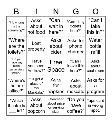 Bar Bingo Card