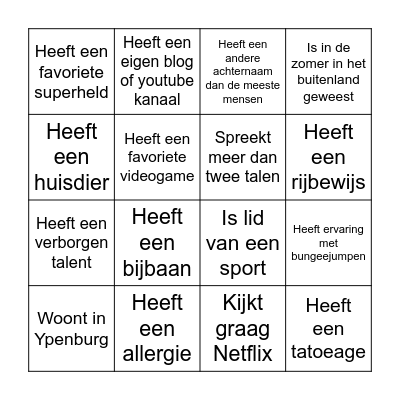 Kennismakingsbingpo Bingo Card