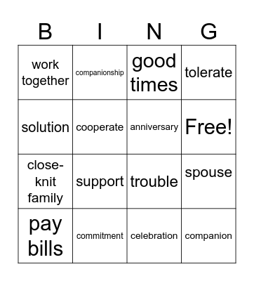 Unit 3 Lesson 3- MARRIAGE Bingo Card