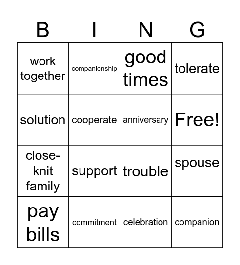 Unit 3 Lesson 3- MARRIAGE Bingo Card