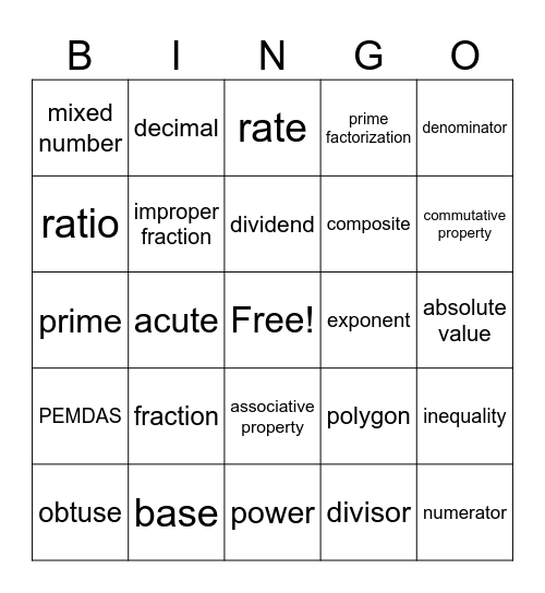 MATH Bingo Card