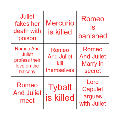 Romeo And Juliet Bingo Card