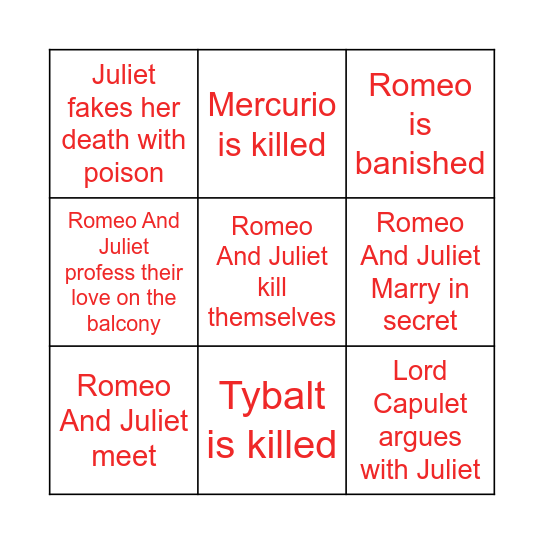 Romeo And Juliet Bingo Card