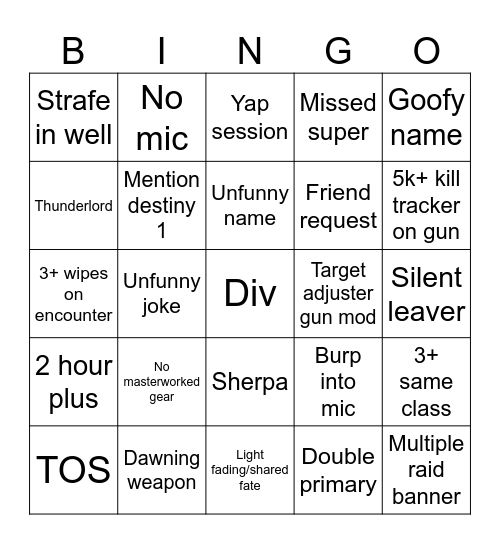 Destiny Bingo Card