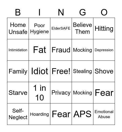 Elder Abuse Bingo Card