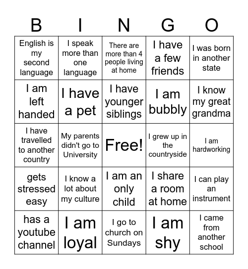 Identity Bingo Card